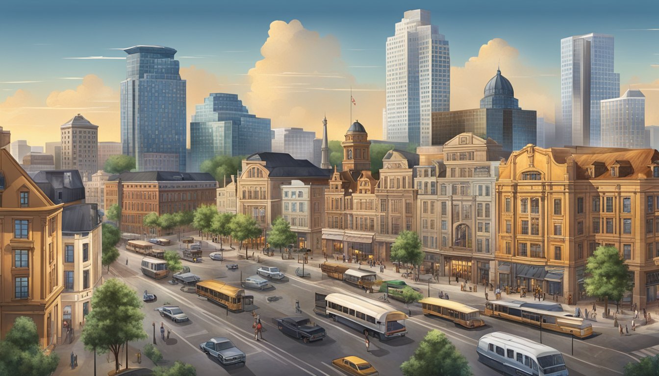 A bustling Texas cityscape with a mix of traditional German architecture and modern urban development, showcasing the influence of German immigrants on the city's skyline