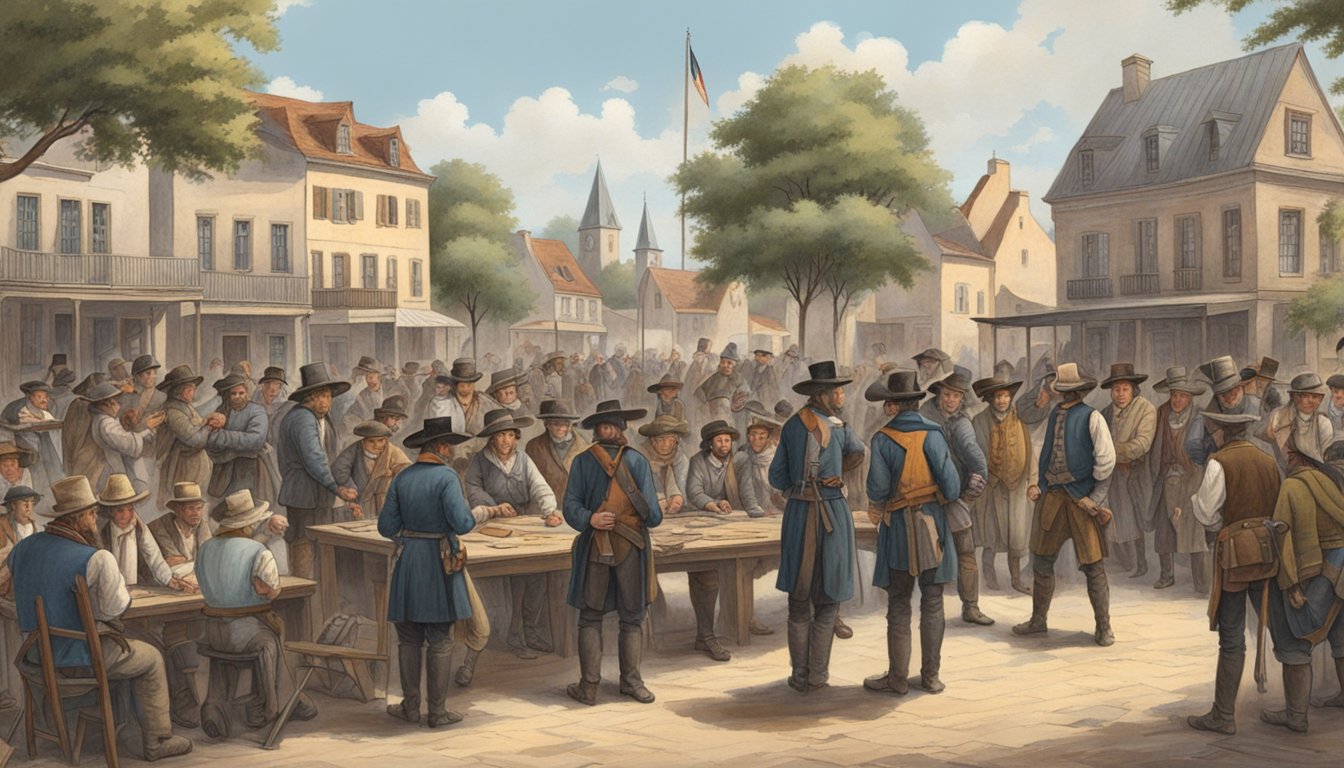 German Texans gathering in a town square, discussing and planning strategies for the Texas Revolution. Their influence evident in the shaping of the revolution's outcomes