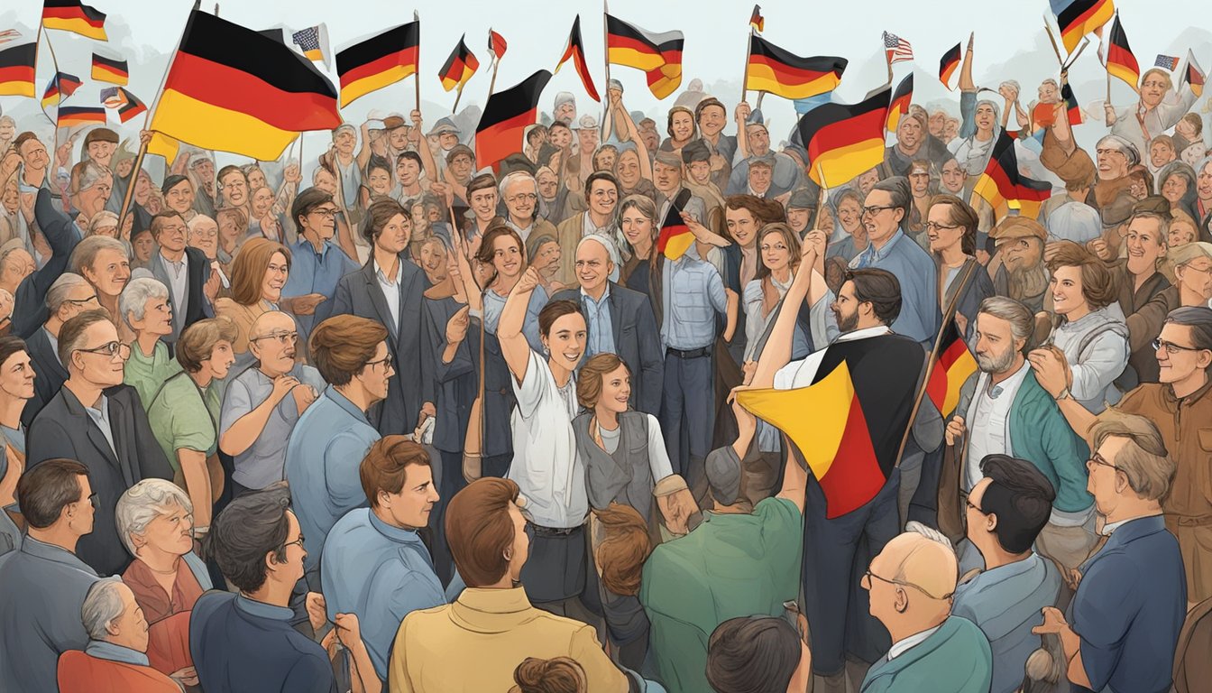 A group of German immigrants gather at a Texas political event, waving flags and banners with German cultural symbols. They engage in lively discussions with local politicians