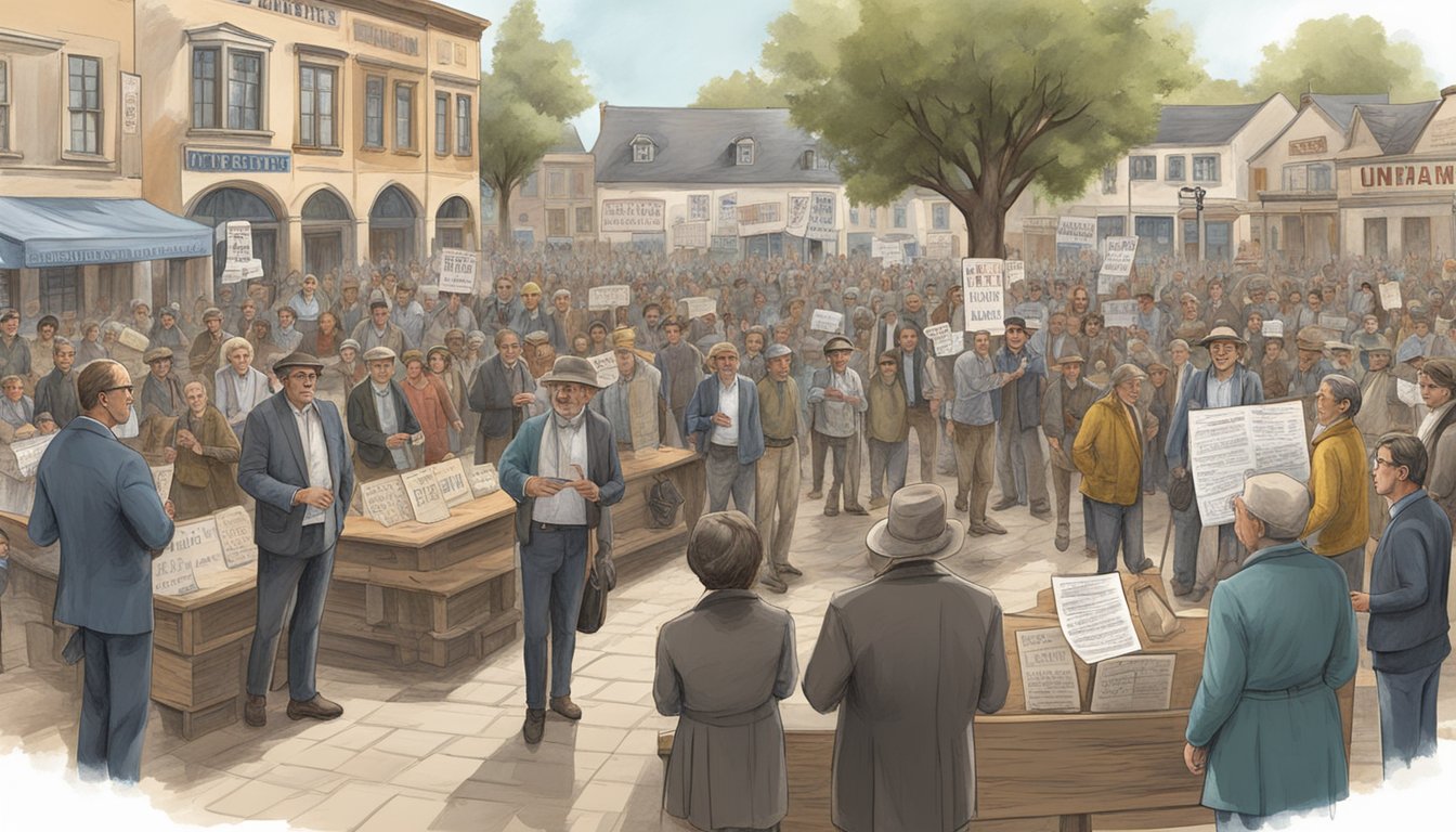 German immigrants gathering in a town square, discussing and debating Texas politics, while holding signs and banners with modern political messages