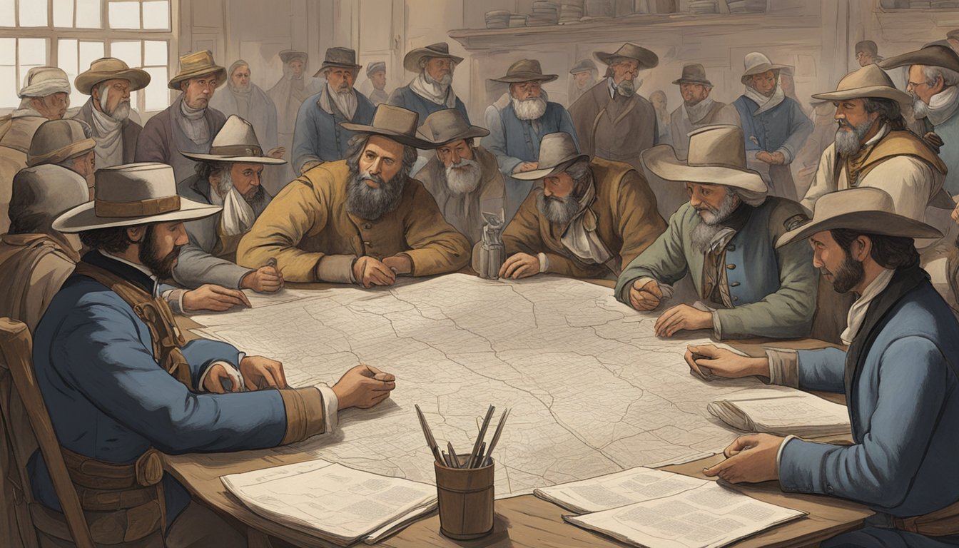 A group of German Texans gather around a table, discussing strategies and plans for the Texas Revolution. Maps and documents are spread out as they debate and collaborate