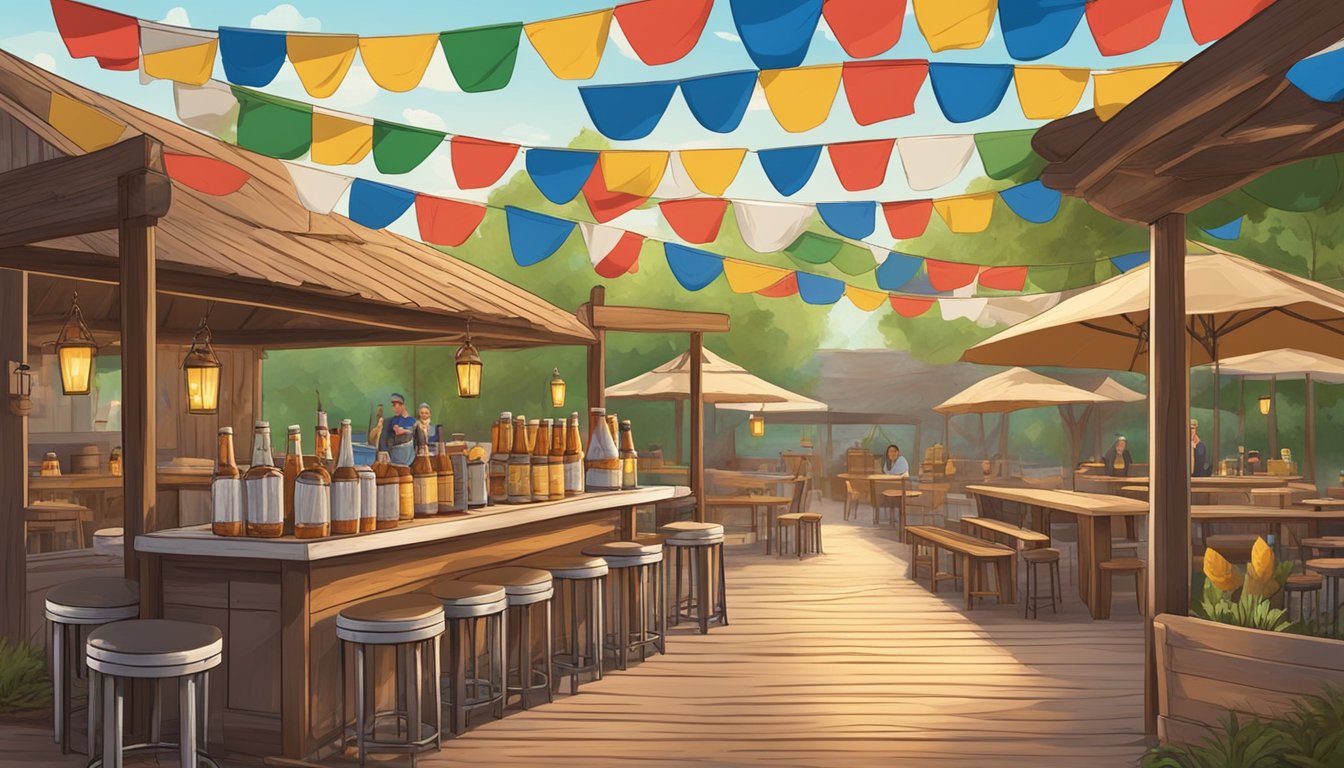 A rustic Texas beer garden with wooden benches, pretzels, sausages, and steins of beer, surrounded by colorful flags and live music