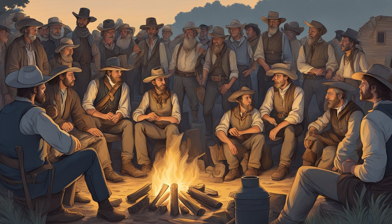 A group of German Texans gather around a campfire, discussing and strategizing their role in shaping the outcomes of the Texas Revolution