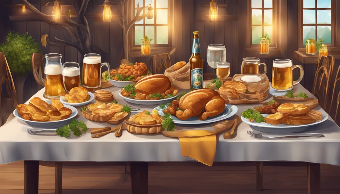 A festive table adorned with traditional German Texan Oktoberfest dishes and decorations