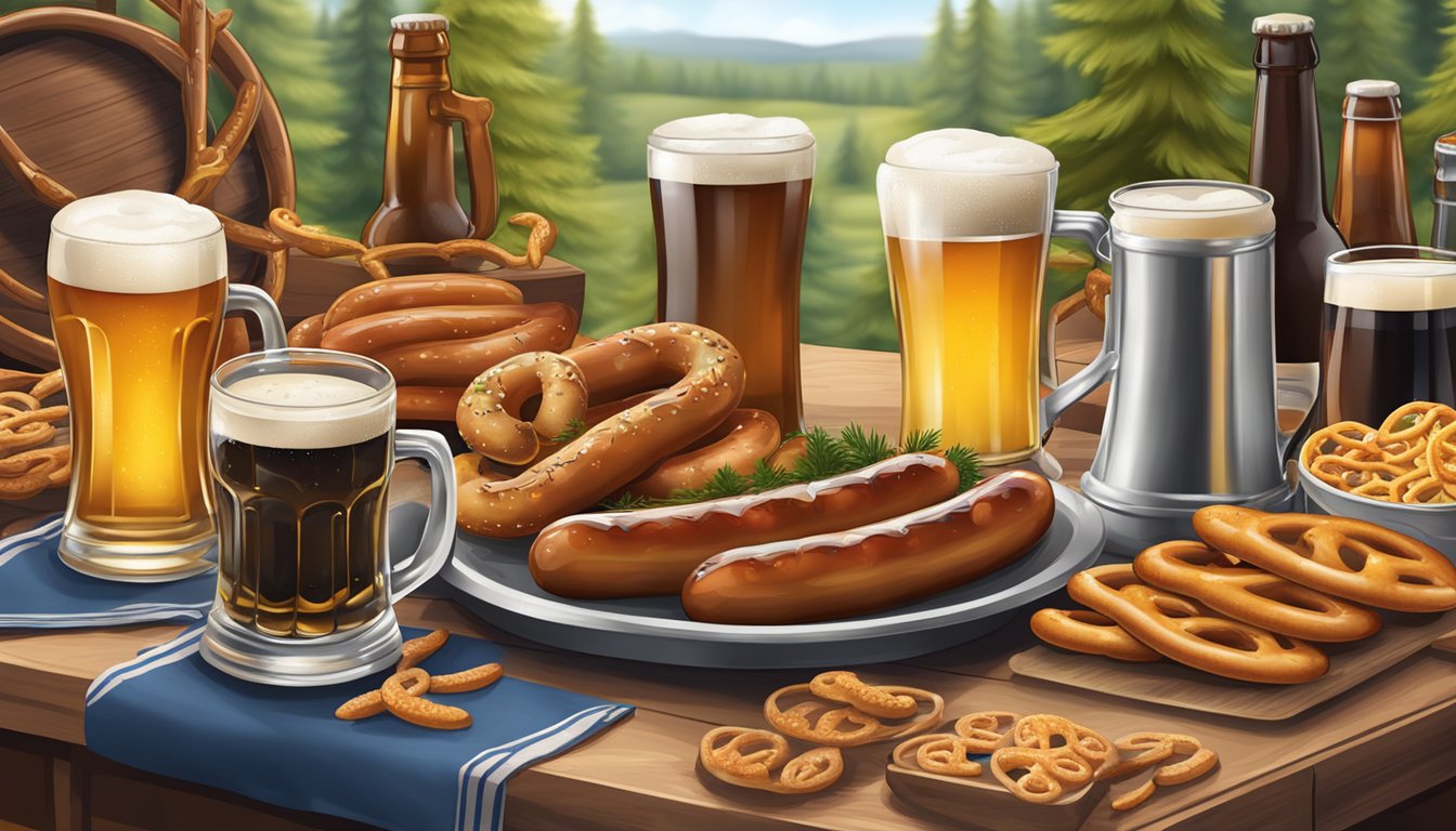 A festive table with steins of beer, pretzels, and sausages, surrounded by traditional German and Texan brewing equipment