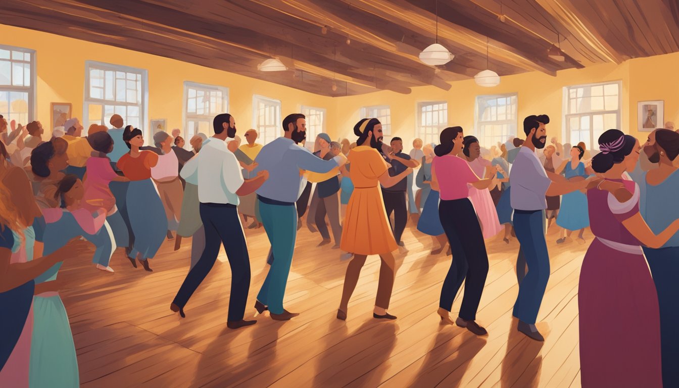 A group of people of German and Texan descent gather in a vibrant dance hall, blending traditional music and movements in a celebration of cultural integration and development