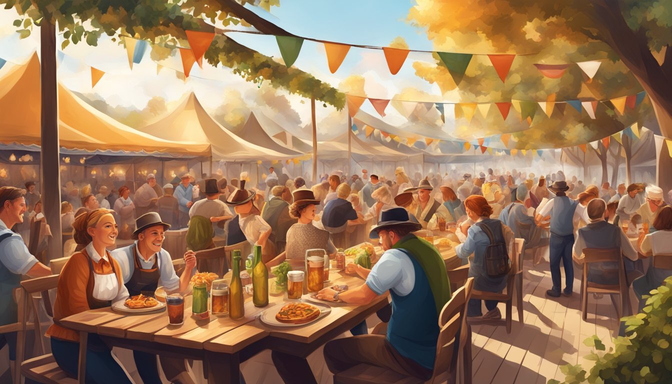 A festive outdoor Oktoberfest celebration with long wooden tables, traditional German Texan dishes, and lively community members enjoying the food and music