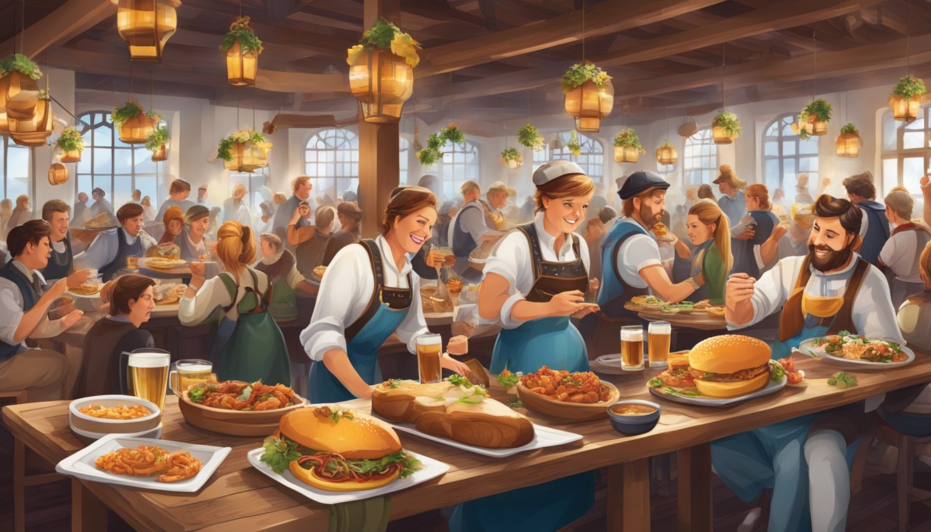 A bustling Oktoberfest celebration with a mix of traditional German and Texan cuisine, featuring fusion dishes and modern adaptations