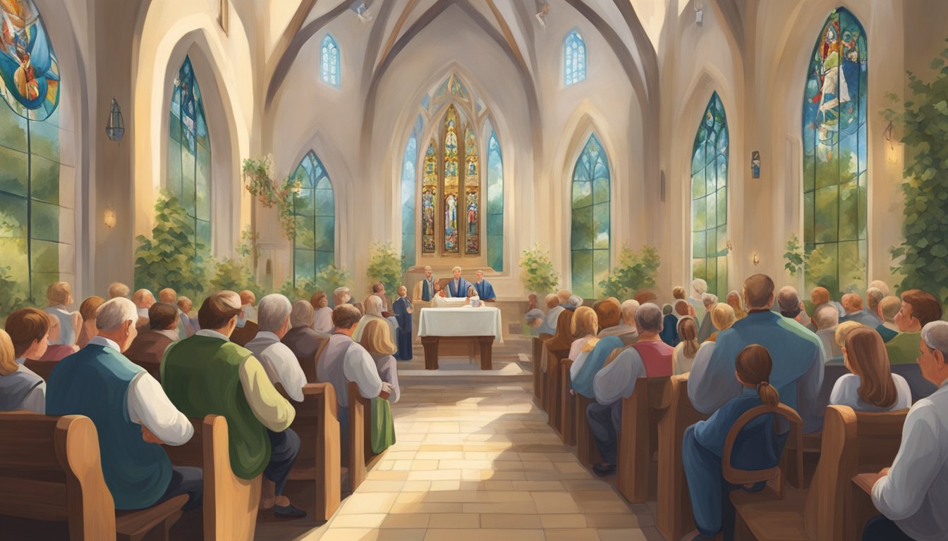 A group of German Texans gather in a traditional church, adorned with religious symbols and surrounded by lush greenery. The sound of hymns fills the air as they participate in their religious traditions