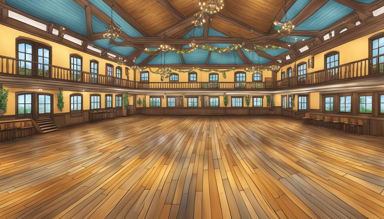 A traditional German-Texan dance hall with ornate architecture and a lively dance floor