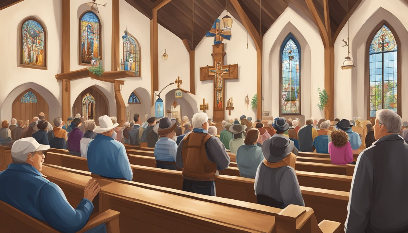 A group of people gather in a traditional German Texan church, surrounded by symbols of faith and community