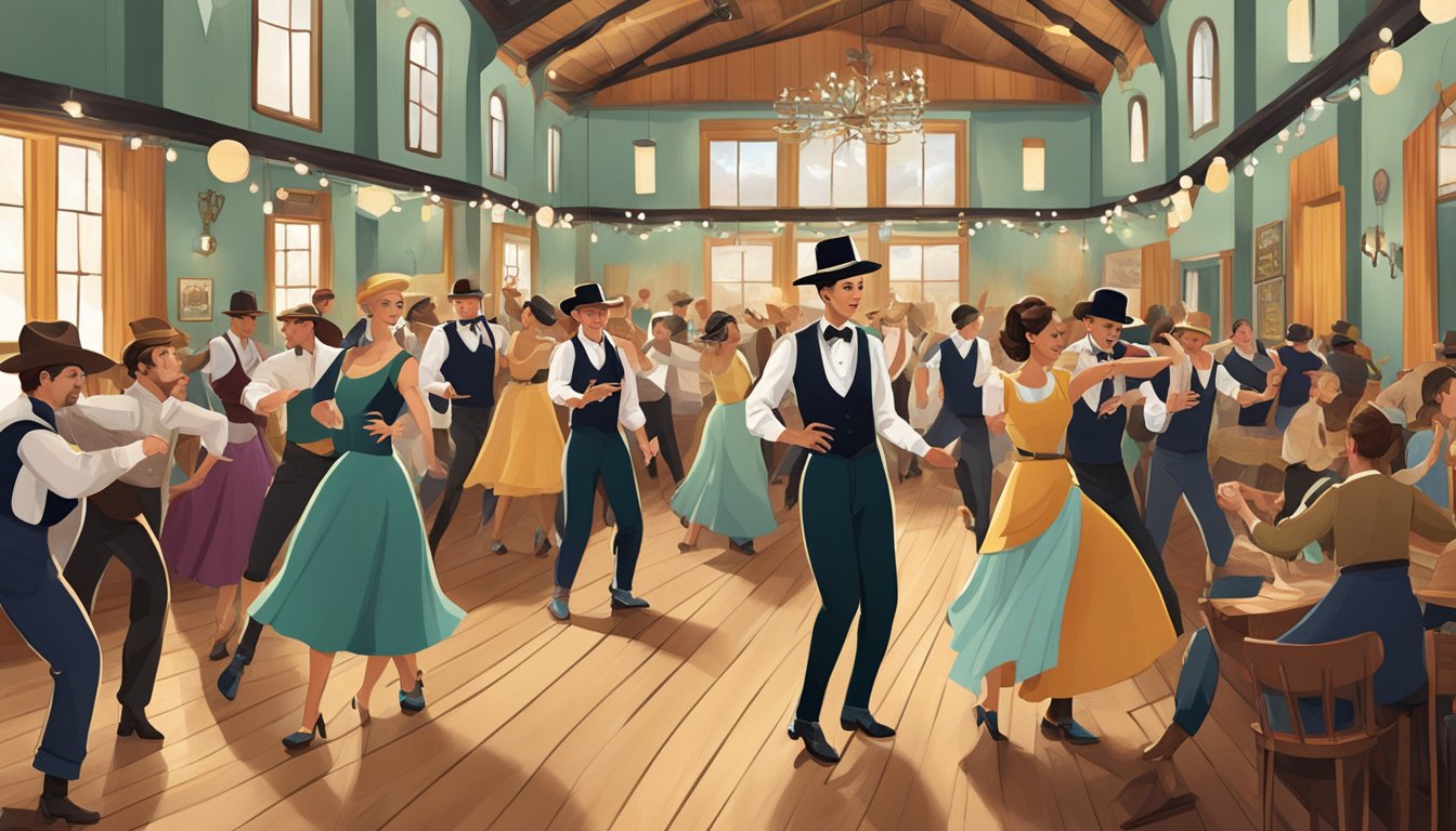 A lively dance hall with a mix of German and Texan decor, featuring traditional music and dancers in contemporary attire