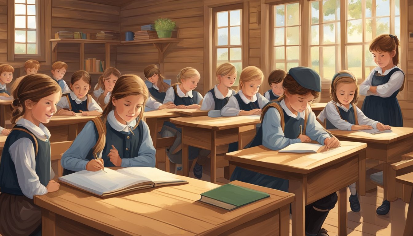 A group of children learning in a traditional German schoolhouse in the Texas countryside