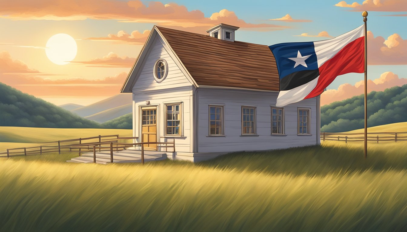 A traditional German schoolhouse nestled among rolling hills in rural Texas, with a Lone Star flag flying proudly in the breeze