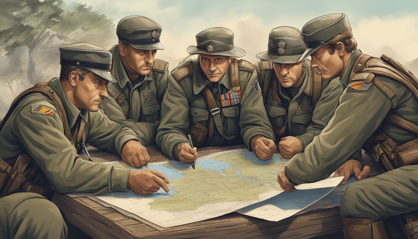 A group of German Texan military heroes gather around a map, discussing strategy and tactics for an upcoming battle