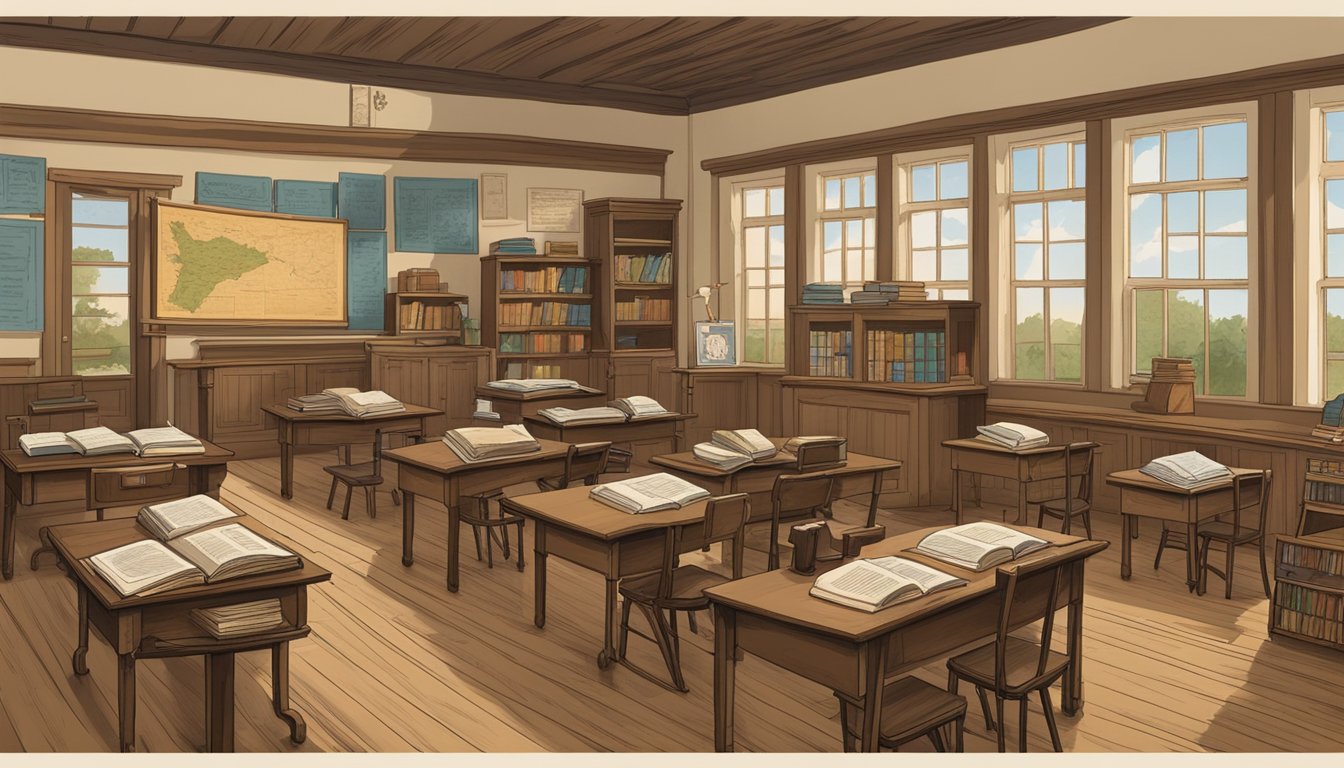 A classroom in 19th century Texas, with German language textbooks and cultural artifacts displayed alongside American educational materials