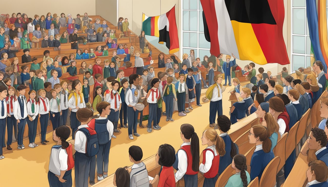 A group of students and teachers gather in a school auditorium, adorned with German flags and cultural artifacts, celebrating the history of German schools in Texas