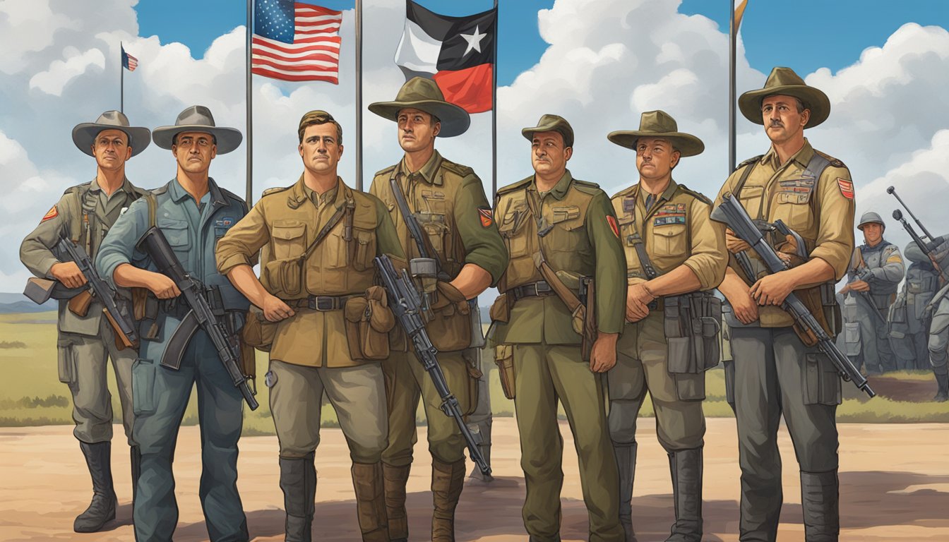 A group of German Texan military heroes standing proudly with various symbols of their contributions to the Texas economy in the background