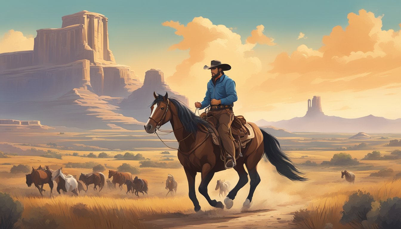 A lone cowboy riding a horse through a vast Texas landscape, with a backdrop of German-influenced architecture and folklore symbols