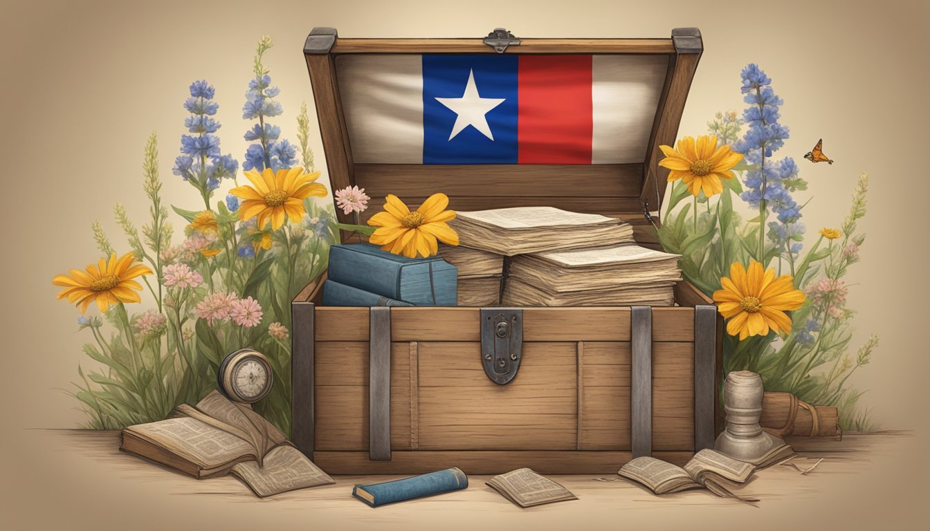 A rustic wooden chest filled with old German books, maps, and artifacts, surrounded by Texas wildflowers and a lone lone star flag