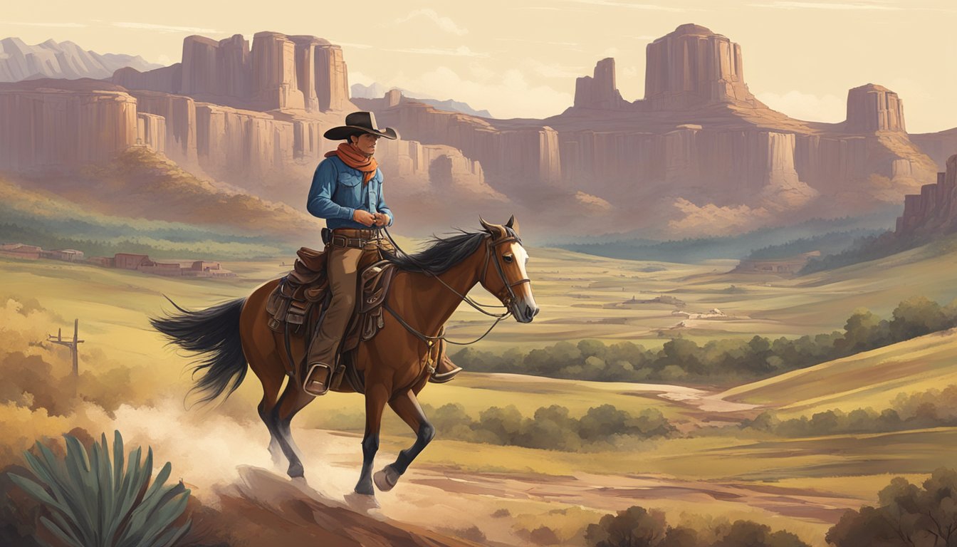 A lone cowboy riding through a rugged Texas landscape, with a backdrop of German-influenced architecture and folklore-inspired symbols