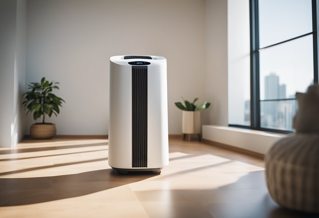 A bright, airy room with sunlight streaming in through open windows. A sleek, modern air purifier sits in the corner, quietly purifying the air