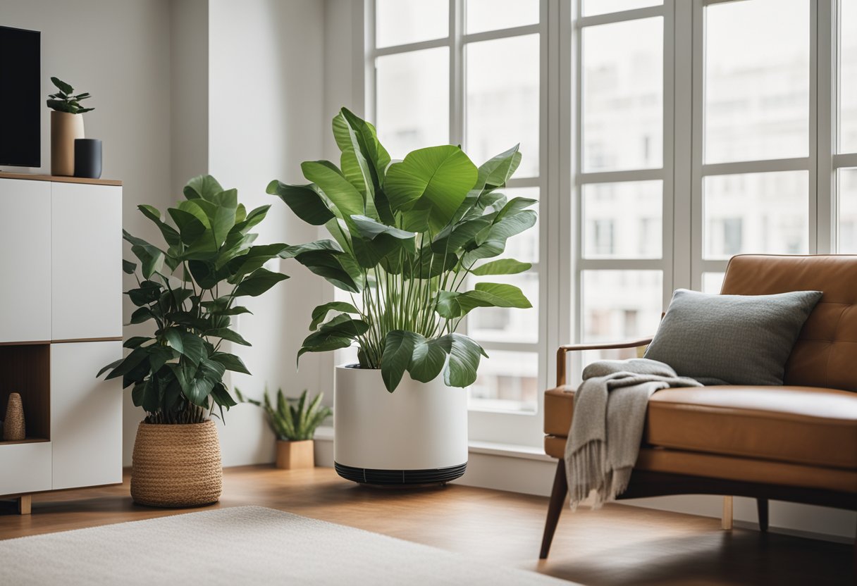 A bright, airy living room with plants and open windows. A sleek, modern air purifier sits in the corner, quietly filtering the air