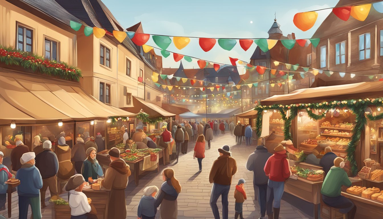 A festive German Texan Christmas market with traditional decorations and food