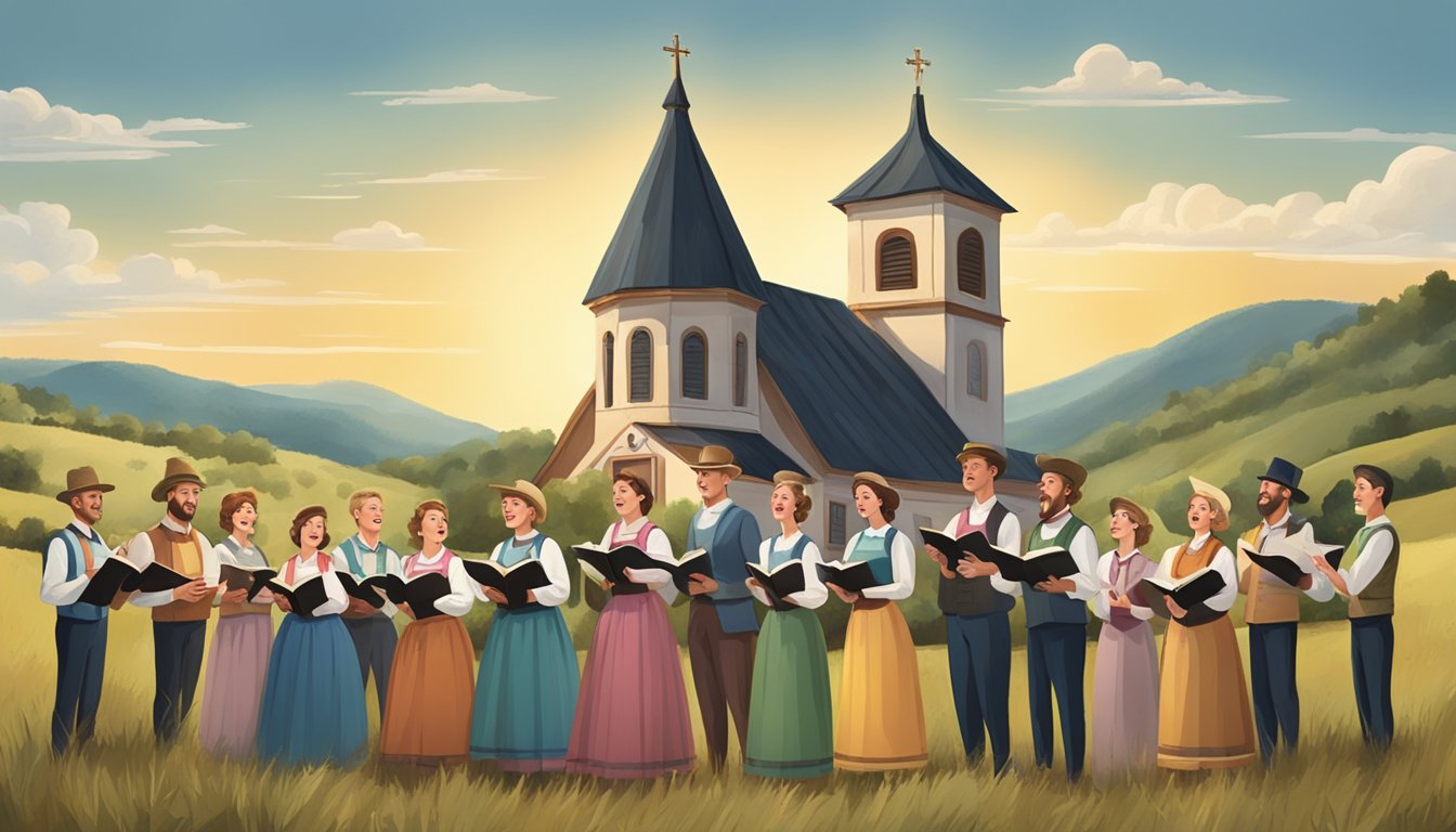 A group of German Texan singers perform traditional choral music in a rustic, rural setting, surrounded by rolling hills and a quaint church