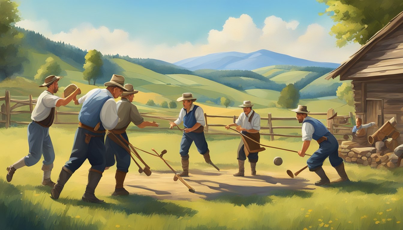 A group of German Texans playing traditional outdoor games in a rural setting, with a backdrop of rolling hills and a clear blue sky