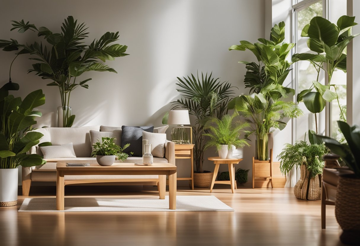 A serene living room with sunlight streaming in, featuring various air purifiers surrounded by potted plants and comfortable furniture