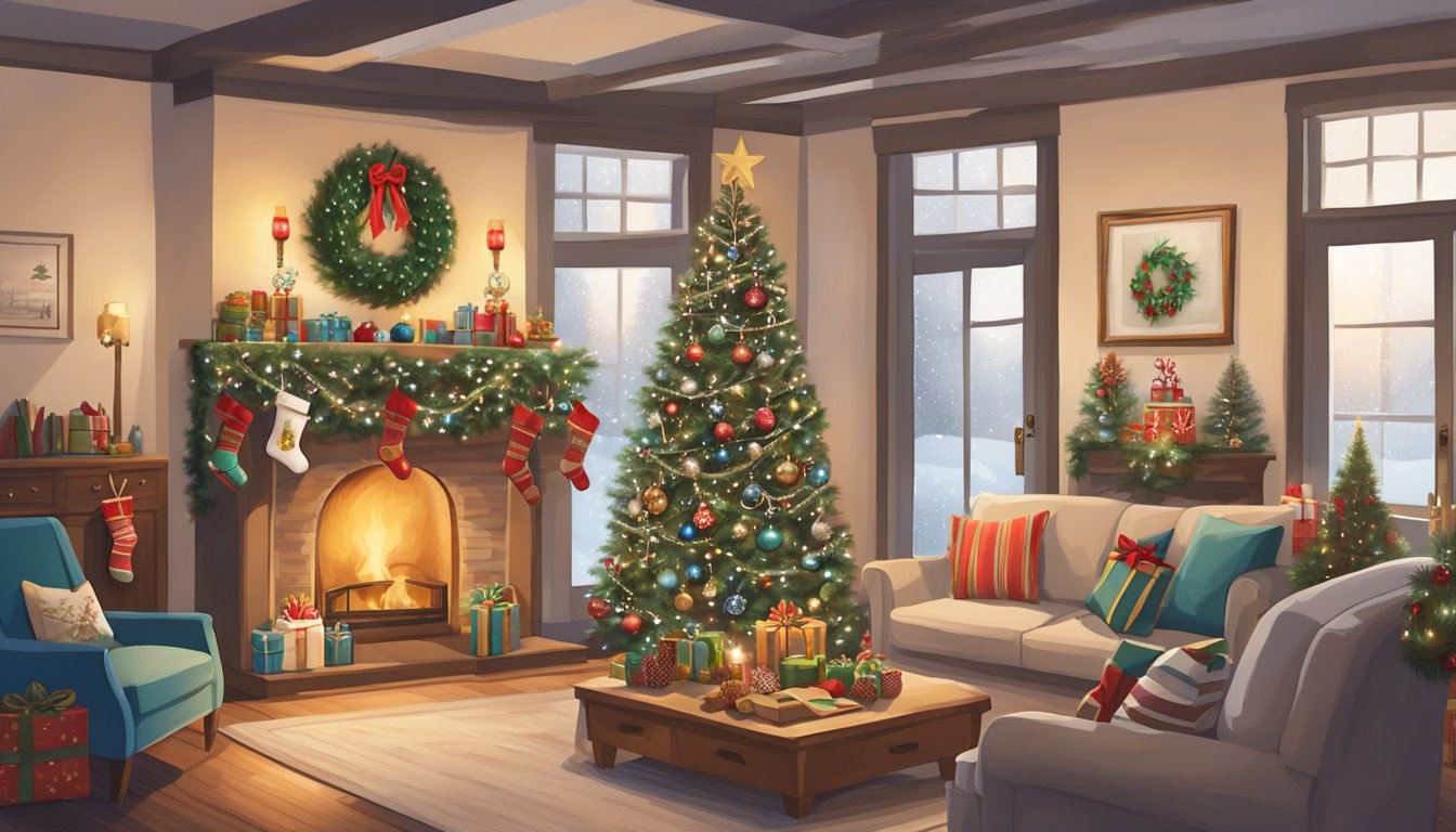 A cozy living room adorned with a Christmas tree, nutcrackers, and handcrafted German-Texan ornaments. A festive wreath hangs on the door