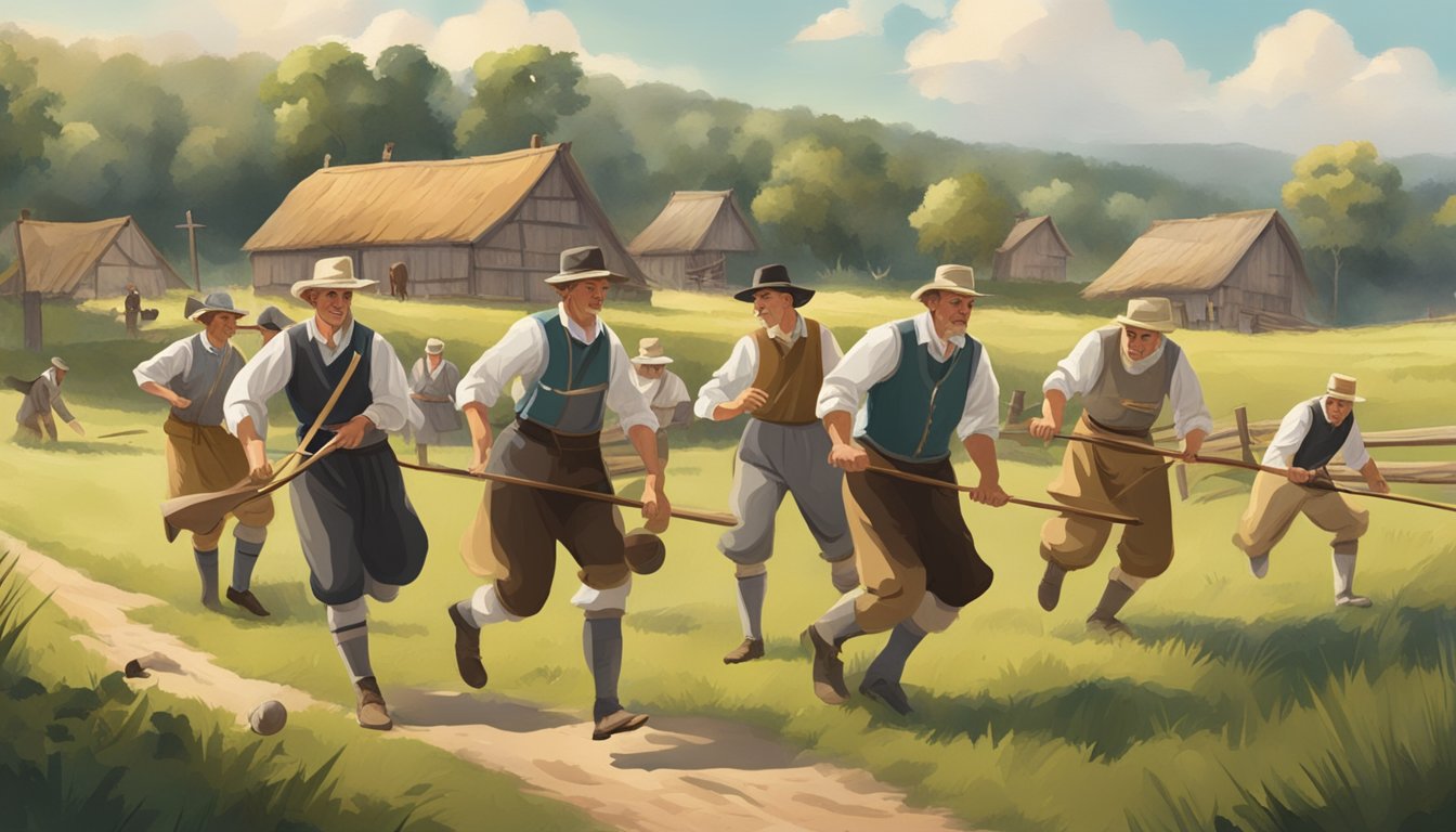 A group of German Texans playing traditional sports in a rural landscape