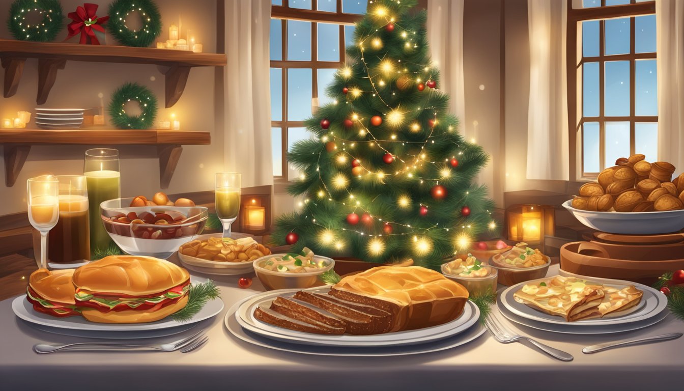 A festive table adorned with traditional German and Texan Christmas dishes, surrounded by twinkling lights and festive decorations