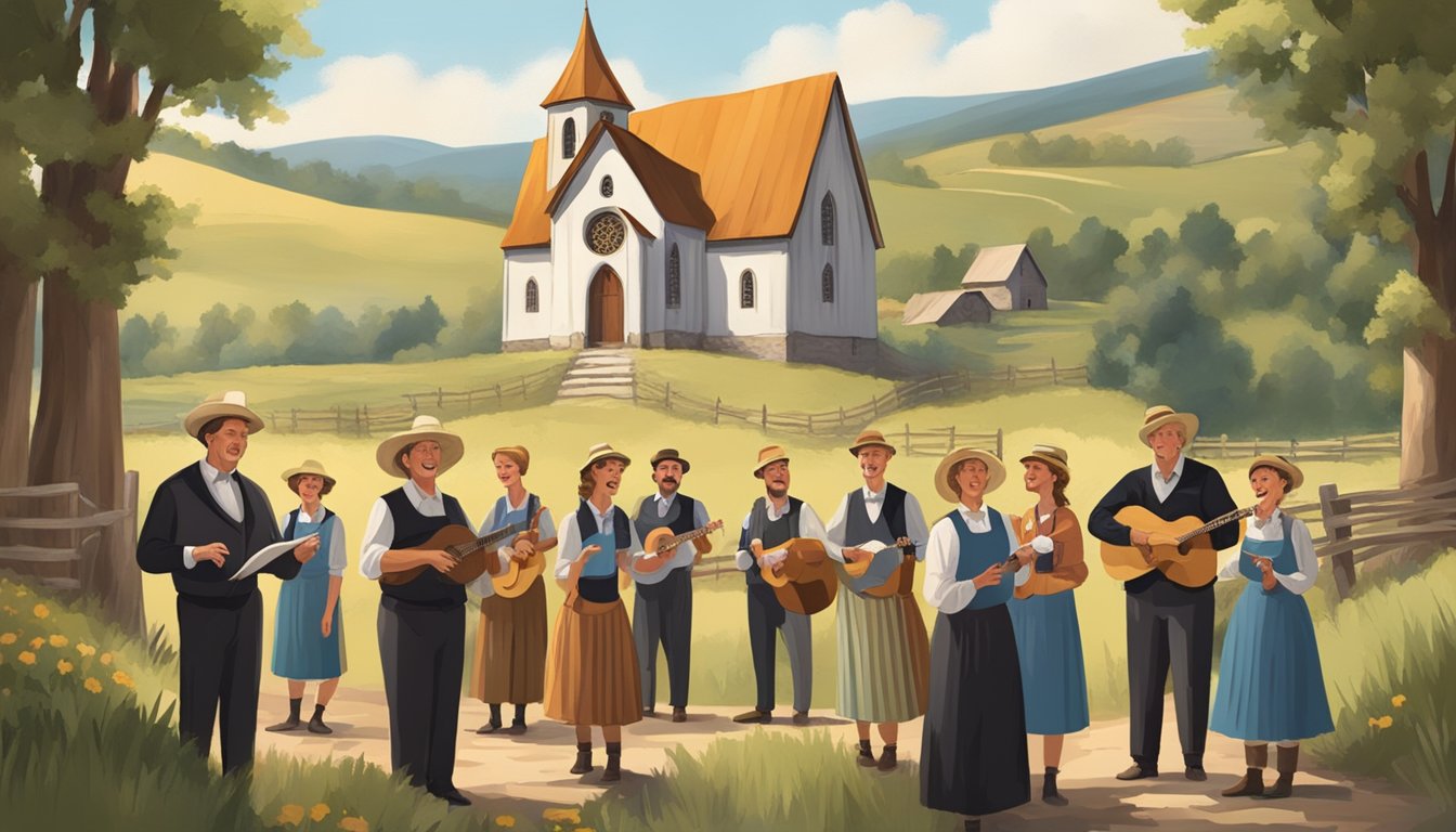 A group of German Texan singers perform traditional choral music in a rustic, rural setting, surrounded by rolling hills and a quaint church