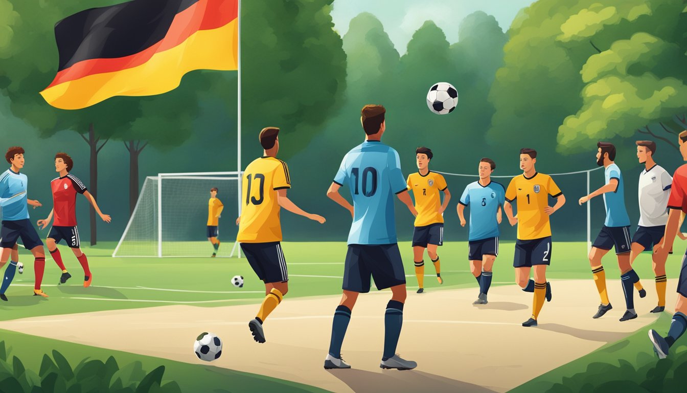 A group of people playing soccer in a park with a German flag flying in the background