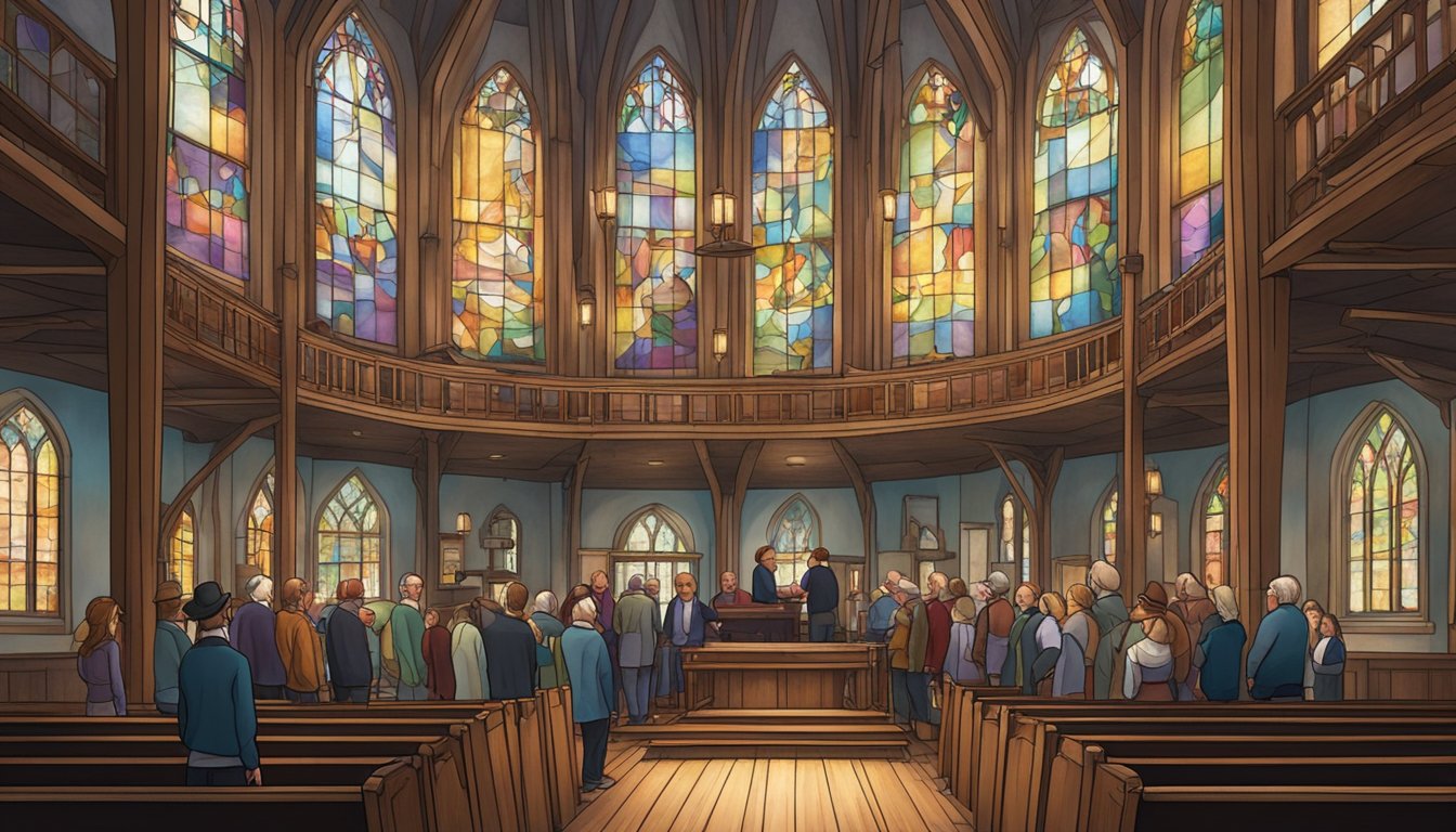 A group of singers gather in a traditional German Texan choral hall, surrounded by old wooden pews and stained glass windows, as they prepare to perform together