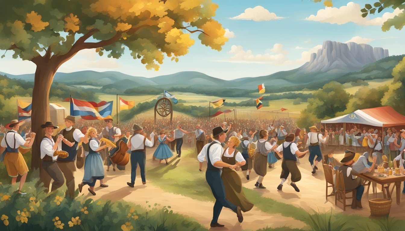 A lively Oktoberfest celebration with traditional German music, dancing, and beer drinking, set against a backdrop of Texas Hill Country scenery