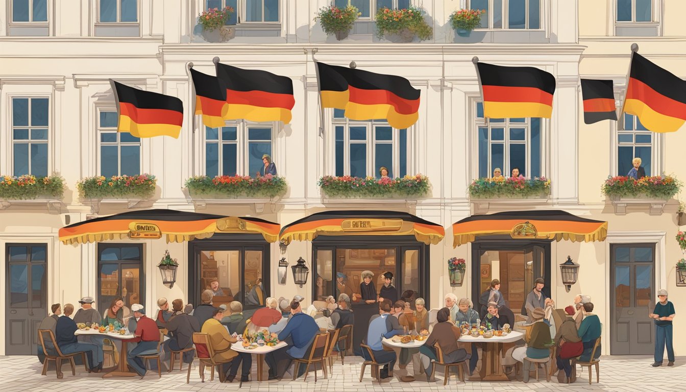 A group of people gather in a traditional German-style building, enjoying music, food, and socializing. The building is adorned with German flags and decorations