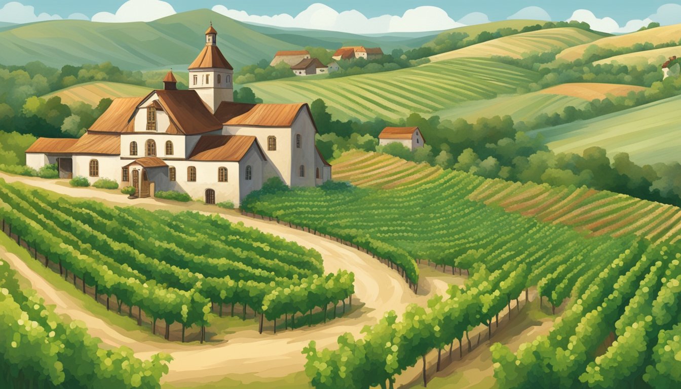 Rolling hills of Texas with vineyards and wineries, showcasing German influence on wine production. Old German-style architecture and grapevines in the foreground