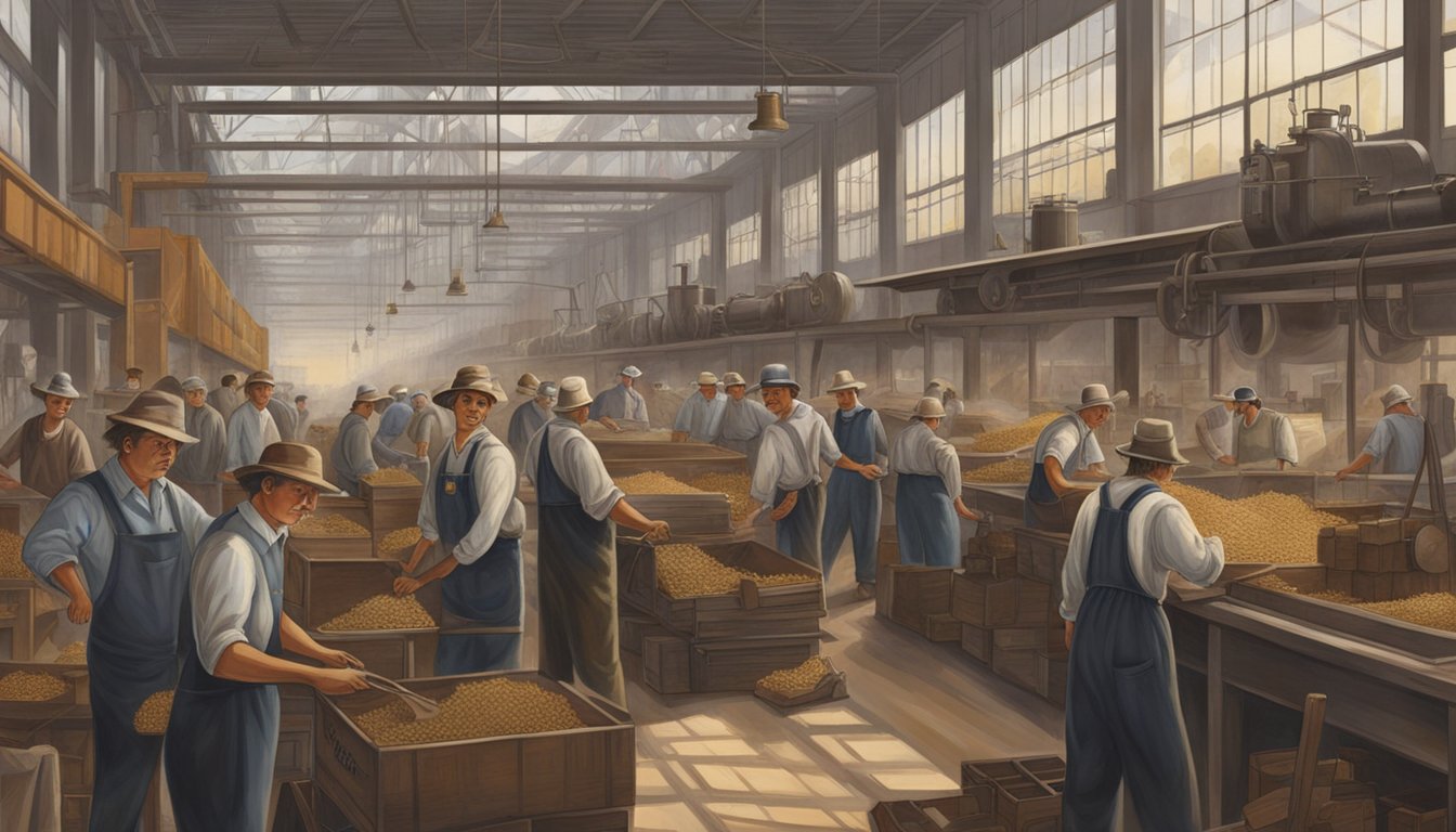 German immigrants working in Texas factories, operating machinery and producing goods. Their impact evident in the bustling industrial landscape