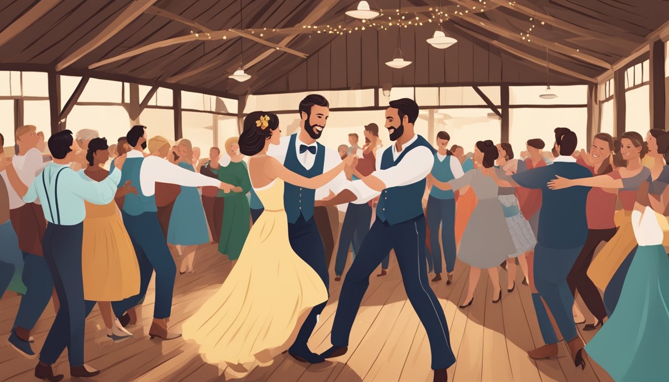 A traditional German Texan pre-wedding custom: a couple dancing the polka surrounded by friends and family in a festive barn setting