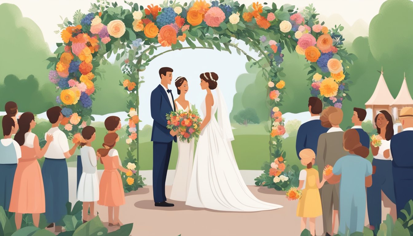 A bride and groom stand beneath a floral arch, surrounded by family and friends. A traditional German wedding cake and a Texan BBQ feast are displayed nearby