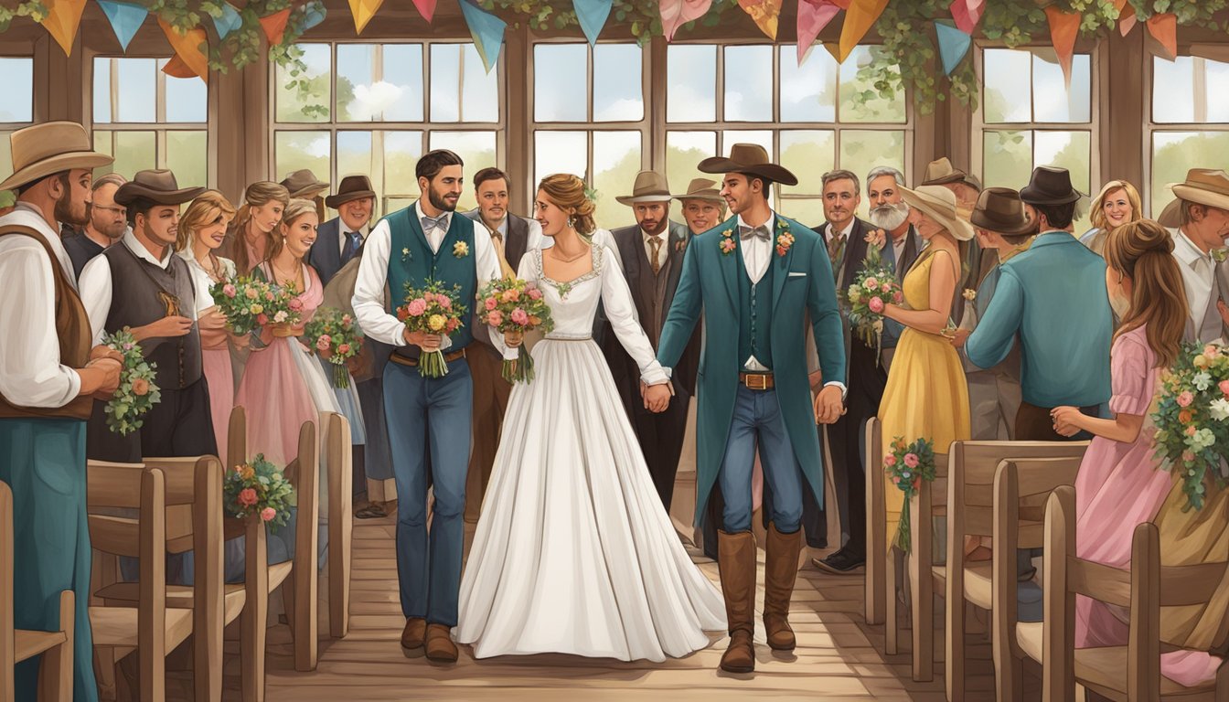 A traditional German-Texan wedding scene with folk attire and fashion