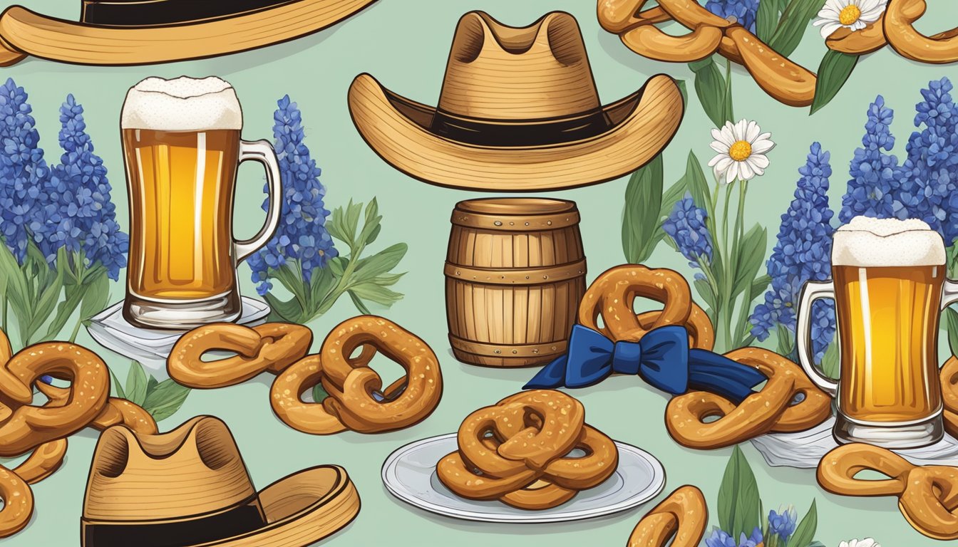 A wedding scene with a mix of German and Texan symbols: a traditional German beer stein, a cowboy hat, bluebonnet flowers, and a Bavarian pretzel