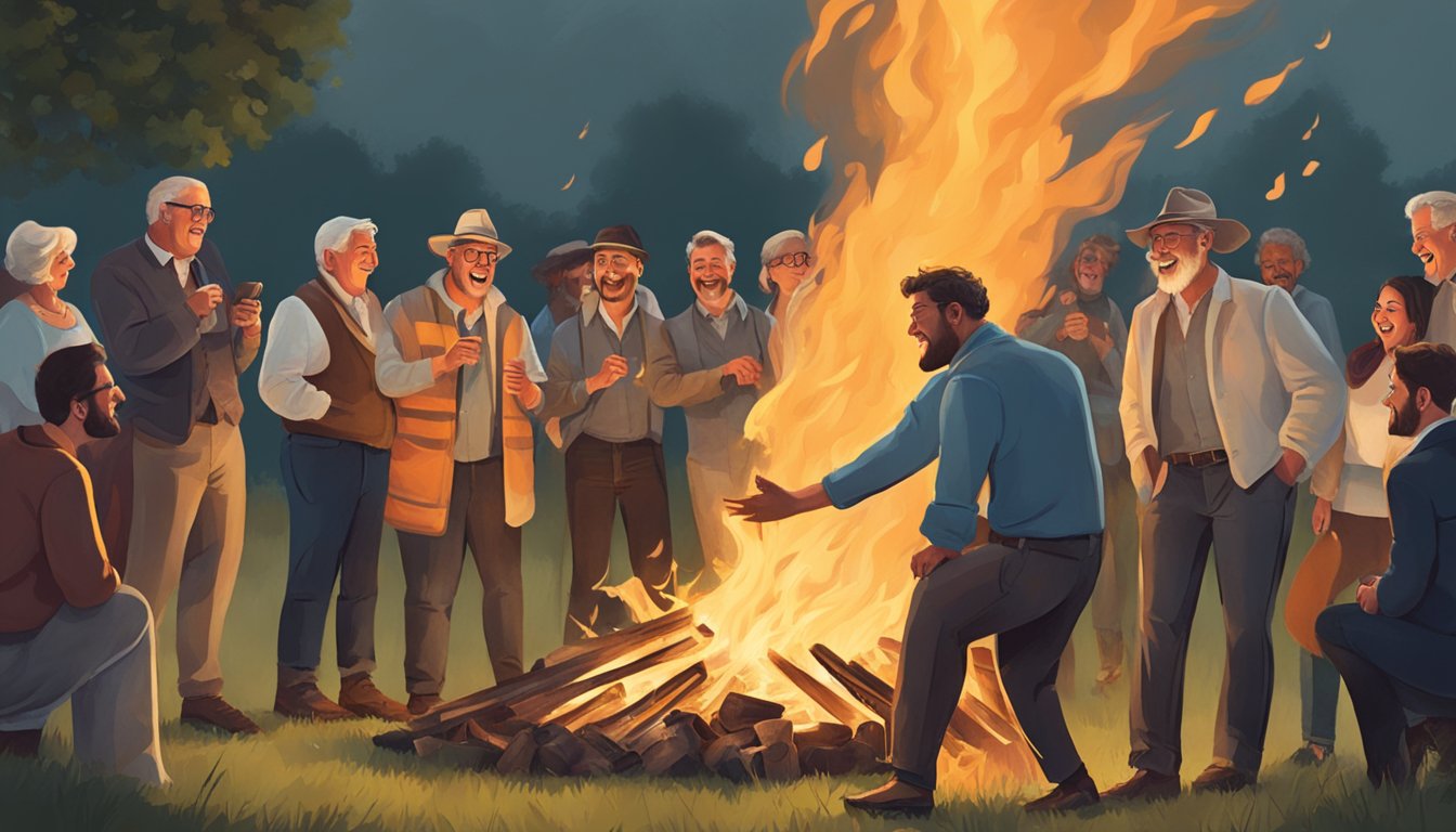 A group of people gather around a large bonfire, laughing and chatting as they take part in the German Texan tradition of burning the bride and groom's old shoes