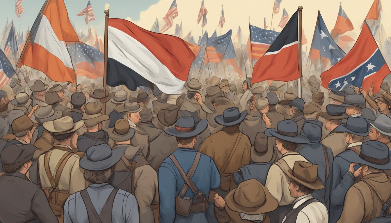 German Texans gather in heated debates, waving flags and posters. Tensions rise as they voice their support for either the Union or the Confederacy