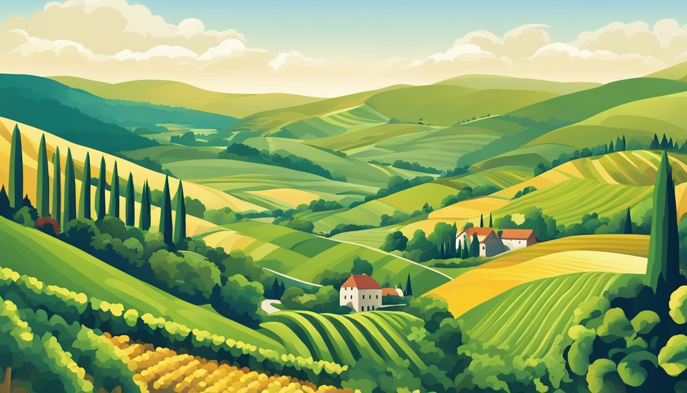 Rolling hills covered in vineyards, dotted with traditional German-style wineries. A river winds through the landscape, reflecting the vibrant greenery