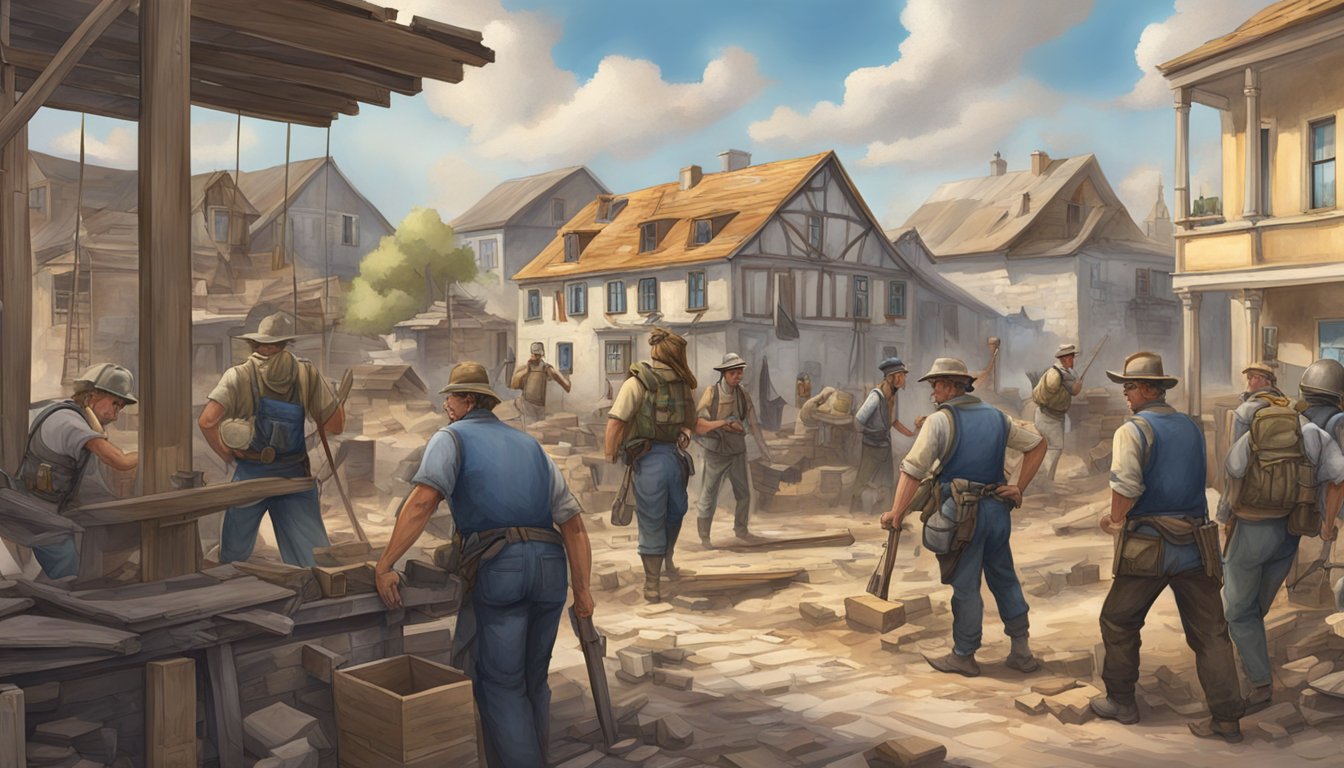 A group of German Texans working together to rebuild a war-torn town, with a mix of traditional German and Texan architecture