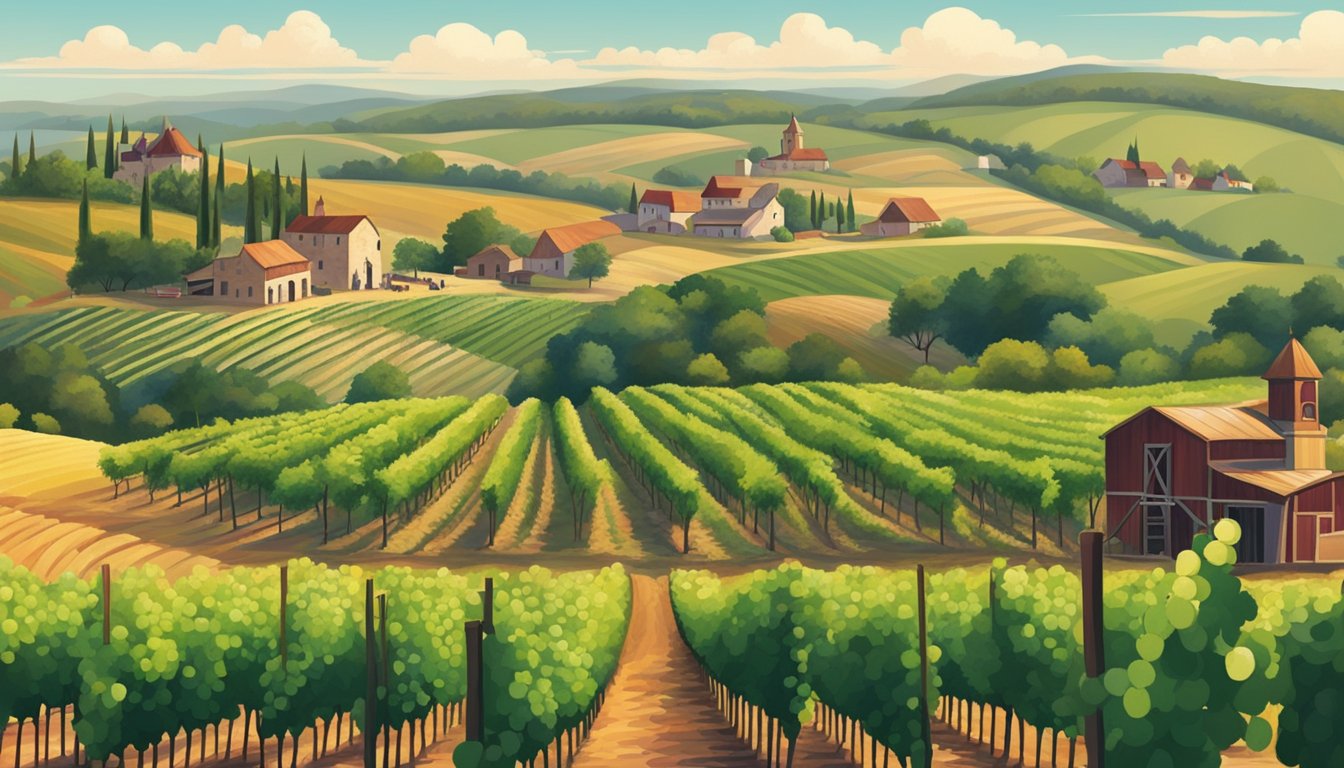 Rolling hills of Texas vineyards with traditional German-style wineries nestled among the landscape. Grapes being harvested and pressed by workers in the fields